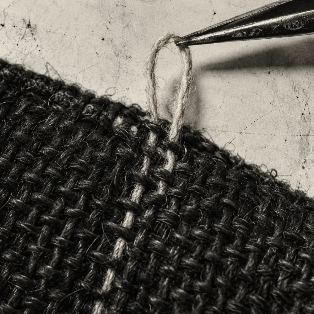 Precision tweezers lifting one loose thread from a dense black weave