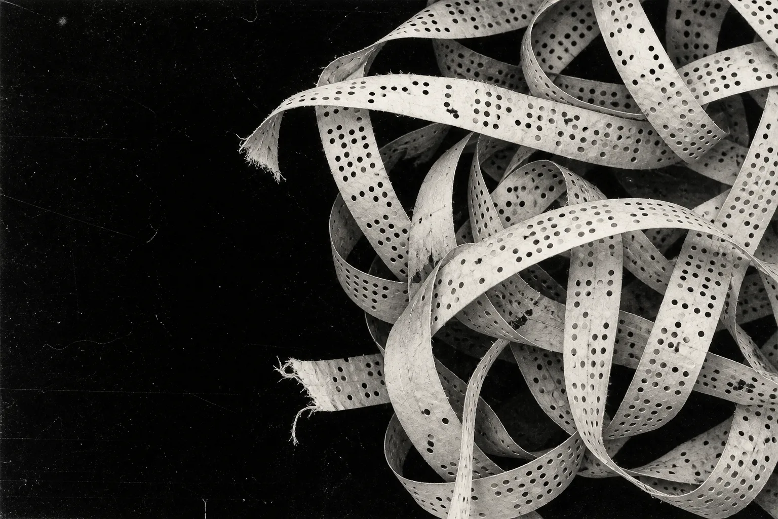 Tangled strips of punched computer tape, torn and curled in a grainy archival-style photograph